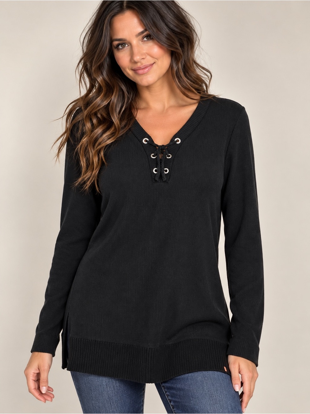 🖤✨ Rafaella Black Lace-Up Tunic Top